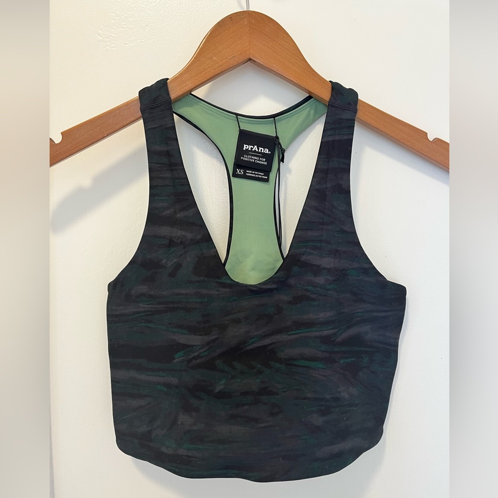 Prana Momento Crop Top Reversible Sports Bra Black Travertine/Sage Brush XS